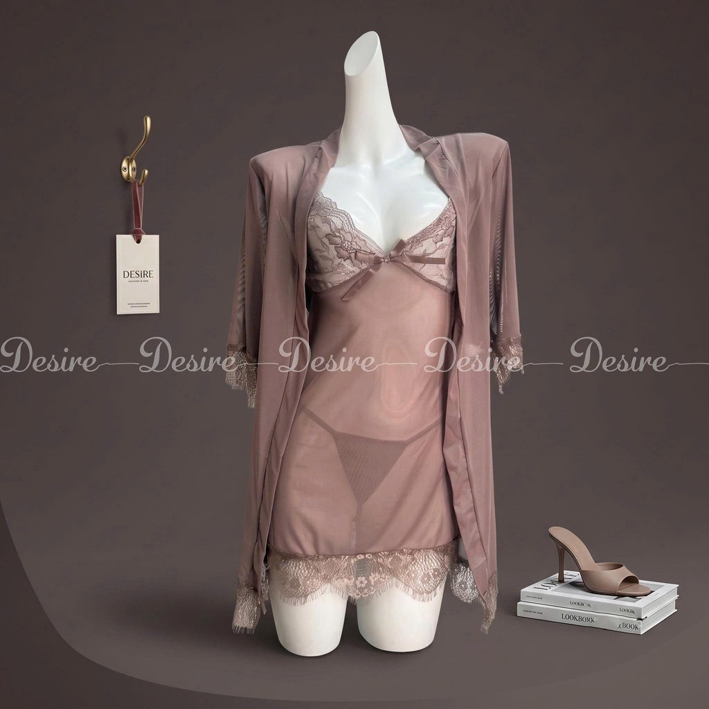 Desire Store, Set Váy ngủ ren, Áo choàng và Quần lót ren DESIRE VN-525 - Nâu ruốc, L 55-65kg image 11 of 15
