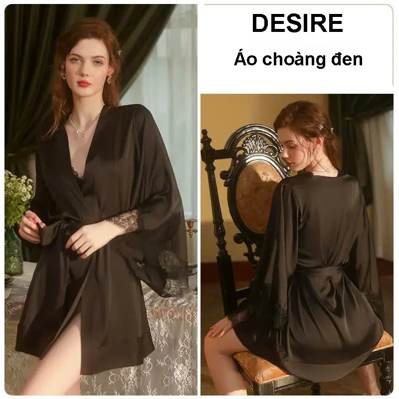 Desire Store, Áo choàng ngủ lụa tay phối ren choàng cô dâu Bride satin cao cấp VN-1001 - Đen, Freesize 40-68kg image 11 of 12