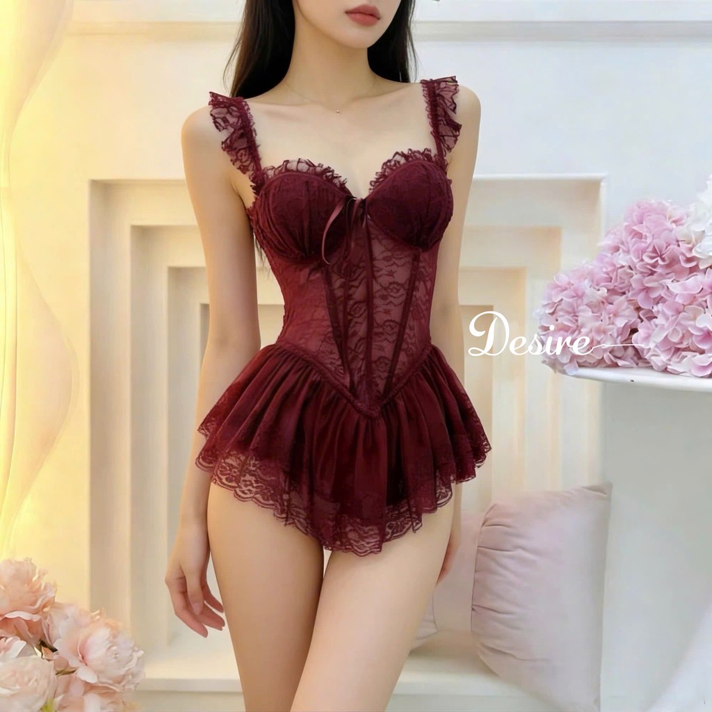 Desire Store, Váy ngủ tiểu thư - Đầm ngủ hoa nhí hai dây corset có mút ngưc kèm chip và đai sexy, gợi cảm DESIRE 1208 (Floral Corset-Style Nightdress with Padded Cups, Matching Panties, and Sexy Garter Belt DESIRE 1208) - Đỏ, L (53-63Kg) image 34 of 35
