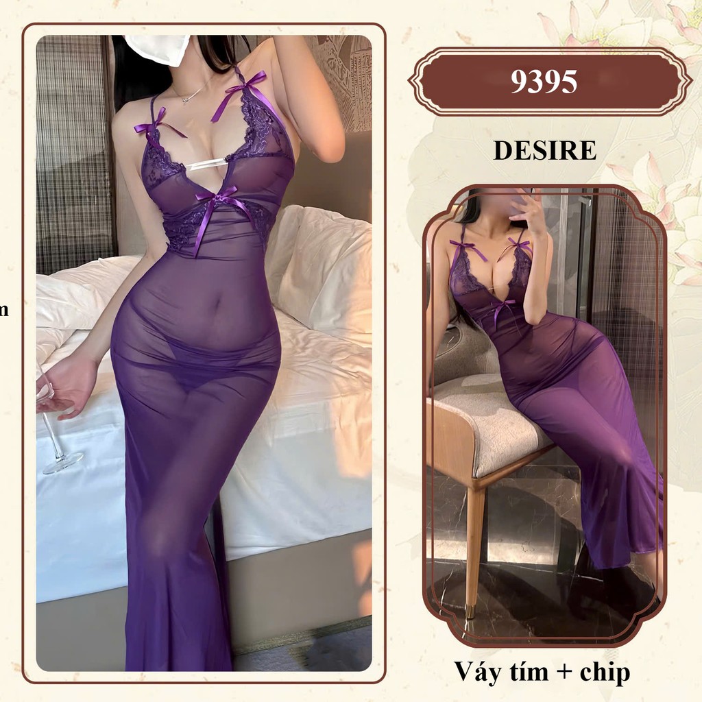 Desire Store, Váy ngủ ren xuyên thấu - Đầm ngủ dáng dài sexy gợi cảm DESIRE 9395 (Sheer lace nightgown – Sexy full-length nightdress DESIRE 9395) - Váy tím + Chip image 9 of 9