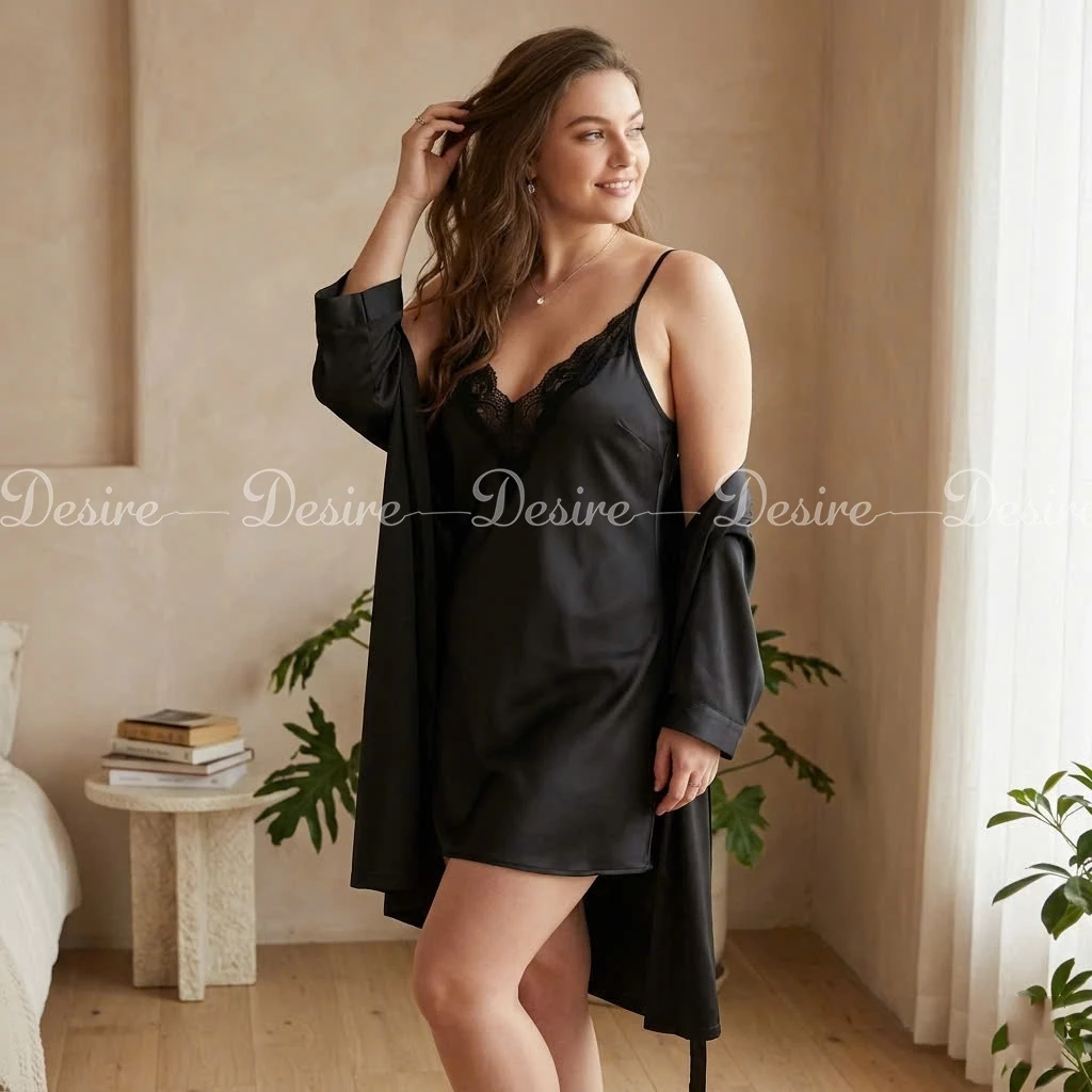 Desire Store, [BIGSIZE] Váy ngủ lụa cổ V phối ren 1906 - Đầm ngủ hai dây cao cấp hàng chuẩn Guiruo loại 1 DESIRE - Váy đen + Choàng, XL (62-73KG) image 10 of 11