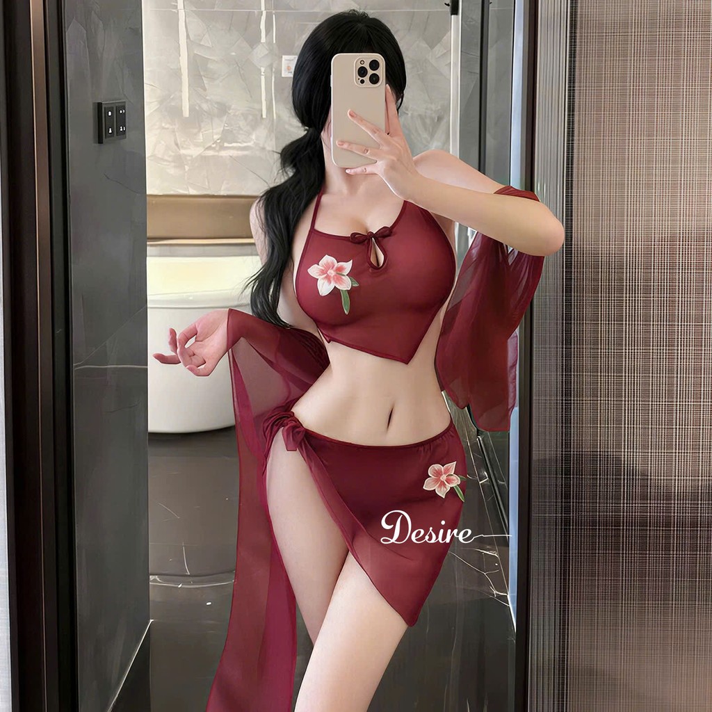 Desire Store, Set Váy Ngủ Yếm Thêu Hoa 3 Món Chất Voan - Đồ Ngủ Sexy Cách Tân Xuyên Thấu DESIRE VN-6724 image 8 of 12