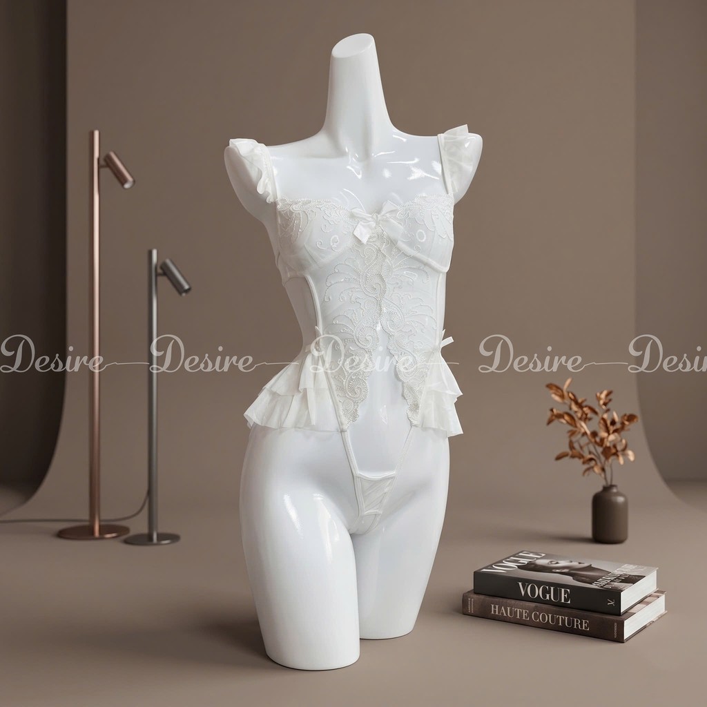 Desire Store, Bộ váy ngủ liền thân Bodysuit chất ren tay áo cánh tiên quần hở đáy sexy gợi cảm VN-8640 - Trắng image 12 of 13