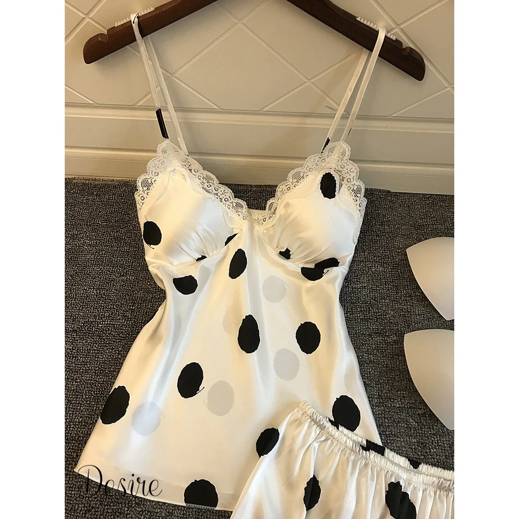 Desire Store, Sexy Silk Pajamas Đồ bộ lụa gợi cảm DBN-0014 - Trắng chấm bi đen, XL 58-65kg image 7 of 7