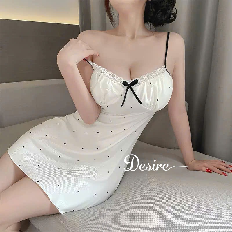 Desire Store, Váy Thun Hai Dây Có Sẵn Mút Ngực Tôn Dáng - Đầm Ngủ Sexy Mặc Nhà DESIRE A05 - Trắng chấm bi, L (55-68kg) image 12 of 13