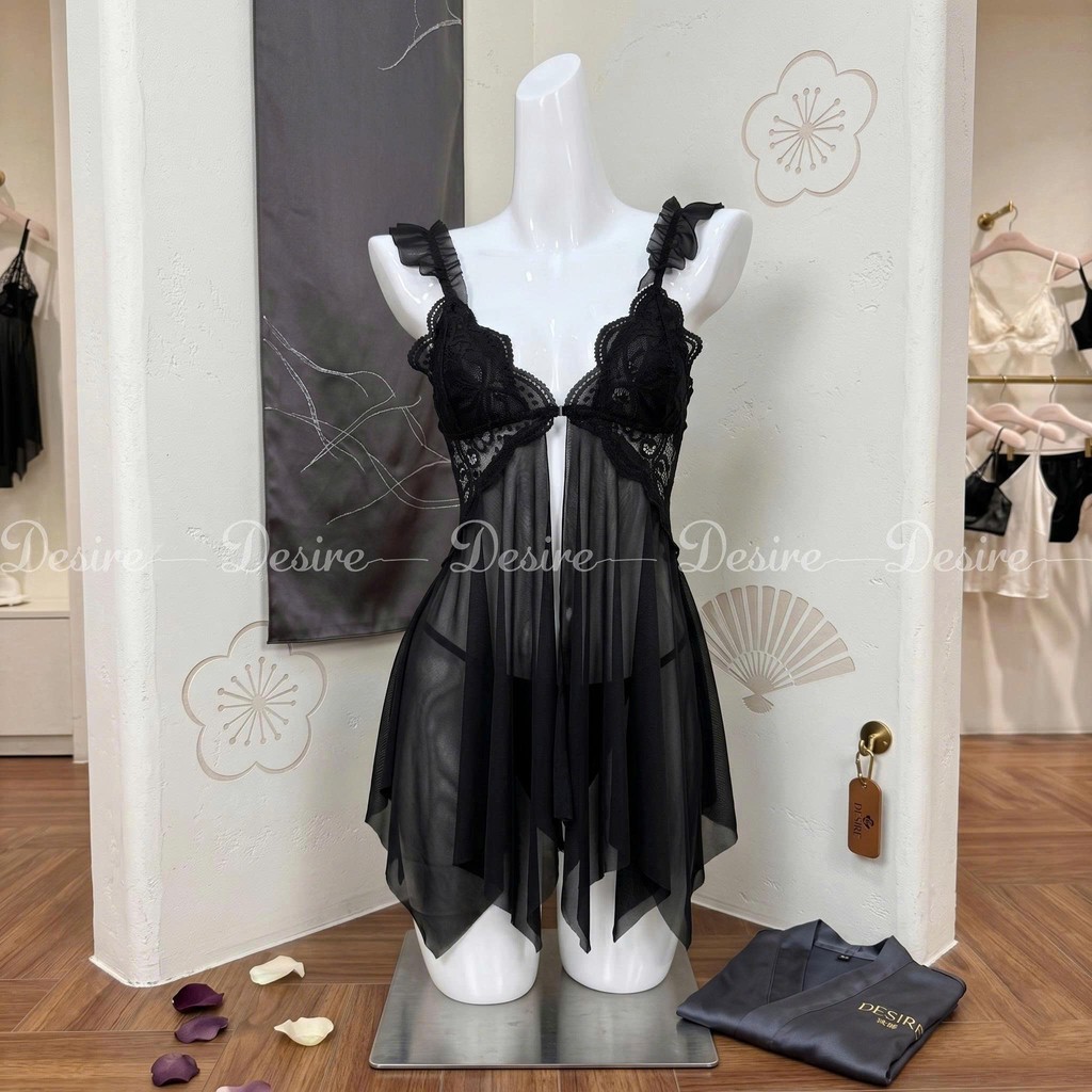 Desire Store, Váy Ngủ Ren Cài Trước Xuyên Thấu Có Mút Đệm Ngực Sexy Kèm Quần Chip DESIRE VN-1052-1 - Đen image 11 of 14