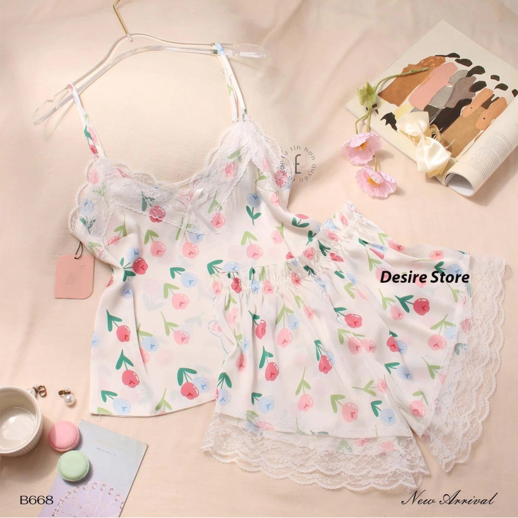 Desire Store, Đồ bộ lụa satin hai dây hoạ tiết hoa mát mịn mùa hè DBN-0026 - Hoa tulip, L 52-58kg image 12 of 16