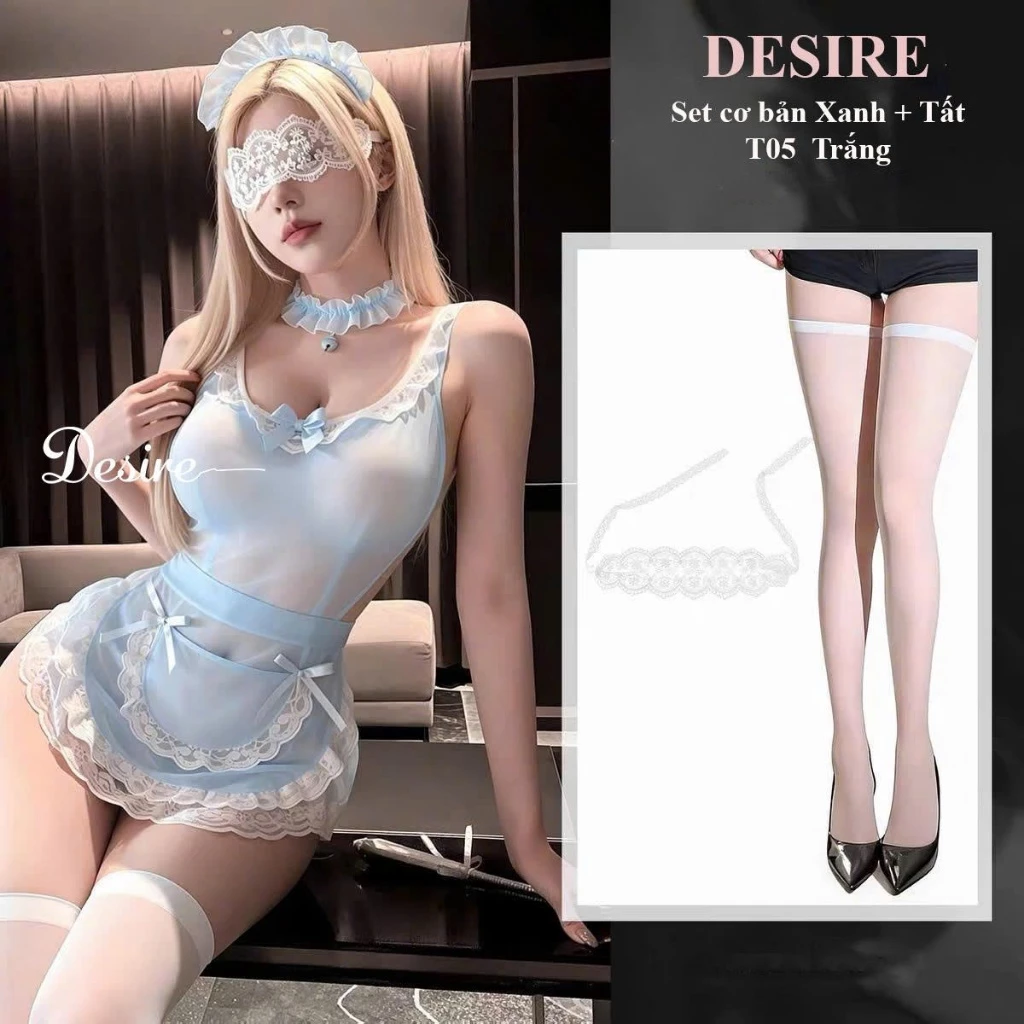 Desire Store, 9687 Bộ Cosplay Cô hầu gái ngọt ngào sexy đầy đủ phụ kiện DESIRE - Xanh+Tất+Bịt mắt W23 image 16 of 16