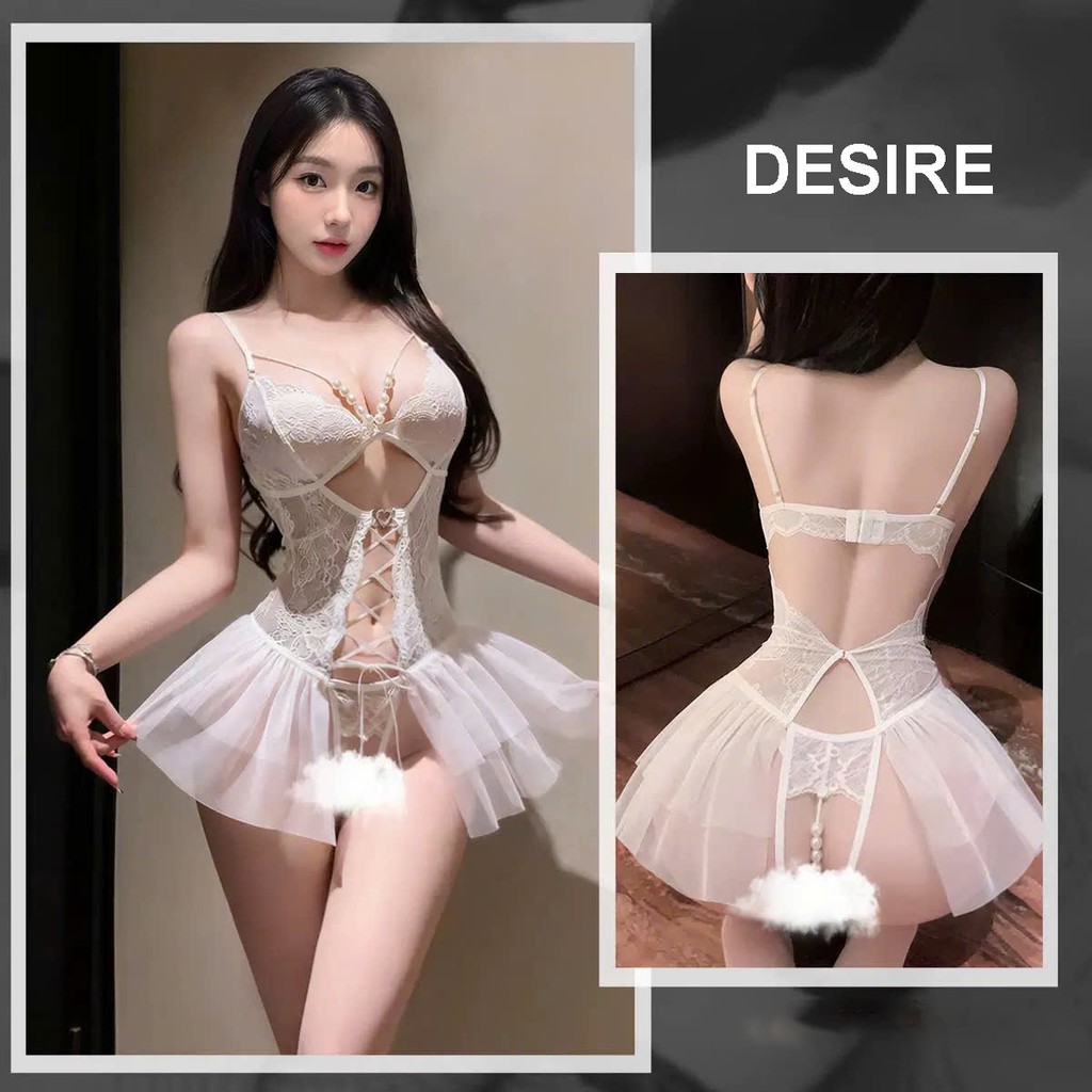 Desire Store, Bodysuit Ren - Váy Ngủ Sexy Xuyên Thấu Đính Ngọc Cao Cấp, Thiết Kế Đan Dây DESIRE 1420 - Váy trắng image 13 of 19