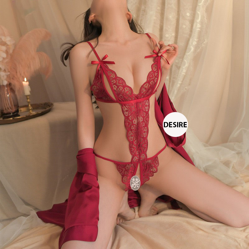 Desire Store, Set đồ lót liền thân ren xẻ đáy và Áo choàng lụa set lót ren gợi cảm sexy VN-8458-1 image 9 of 22