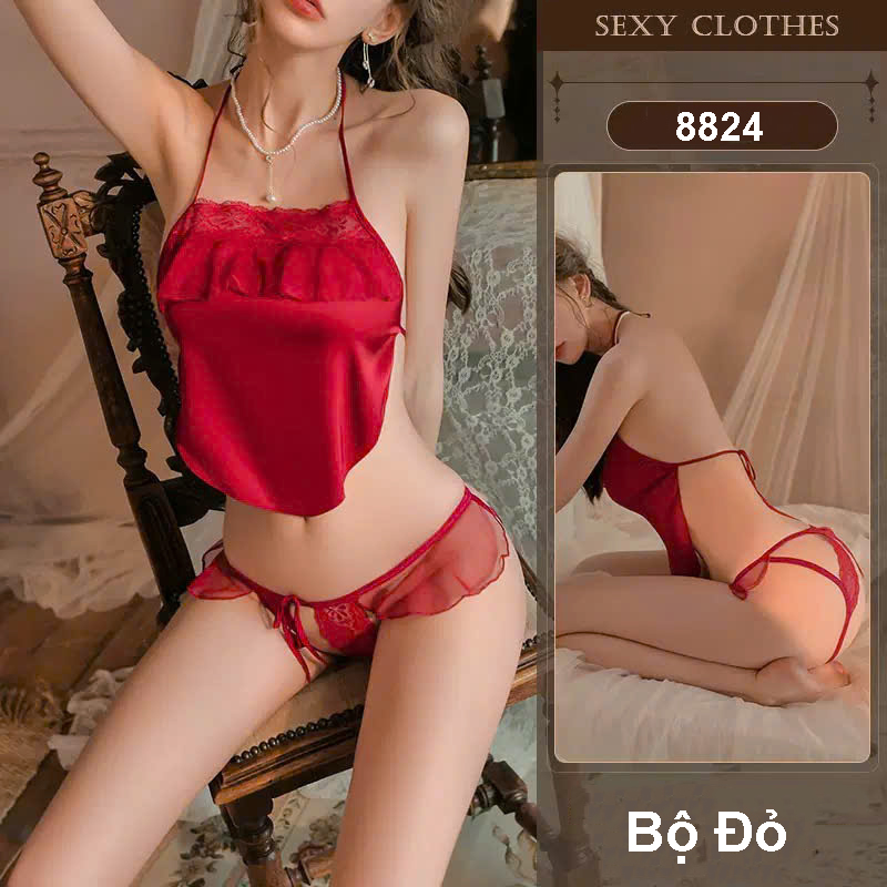 Desire Store, Bồ đồ ngủ yếm lụa phối ren cột dây sexy gợi cảm Hàng loại 1 DESIRE VN-8824 - Bộ Đỏ, M image 13 of 16