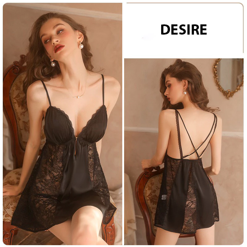 Desire Store, Set Váy ngủ hai dây có mút đệm ngực và áo choàng lụa cao cấp DESIRE VN-1690 - Váy đen lẻ (k chip), XL image 12 of 28