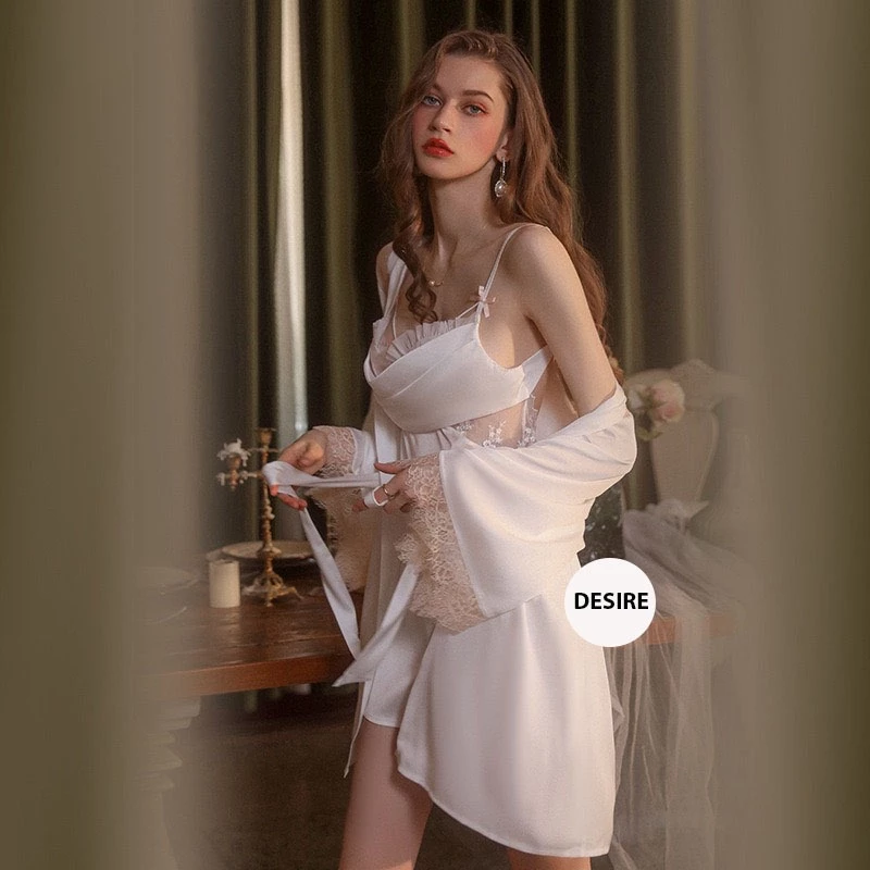 Desire Store, Set Váy ngủ lụa hai dây và Áo choàng cao cấp Đầm ngủ hai dây lụa phối ren gợi cảm sexy VN-2063 image 6 of 12
