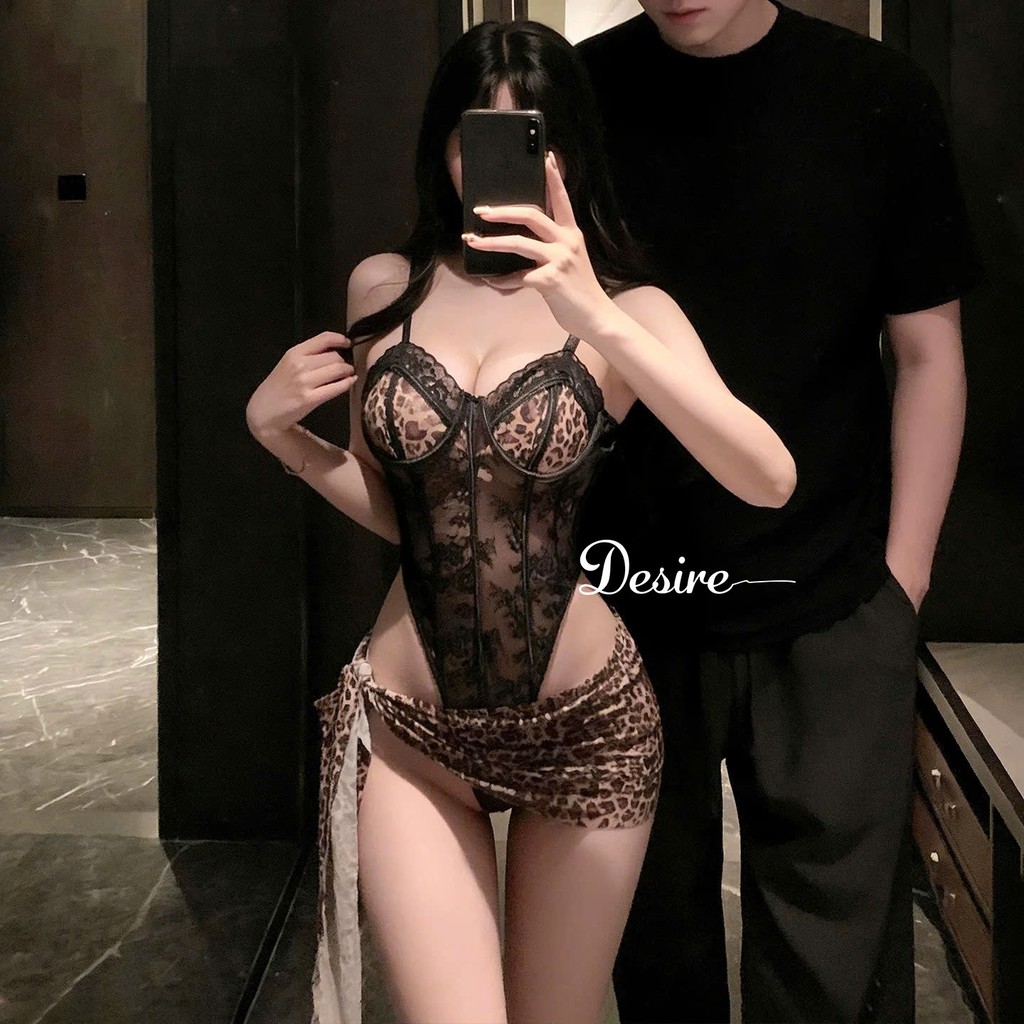 Desire Store, Bodysuit sexy - Váy ngủ liền thân có gọng họa tiết da báo phối ren gợi cảm kèm chân váy xuyên thấu DESIRE T996 image 8 of 13