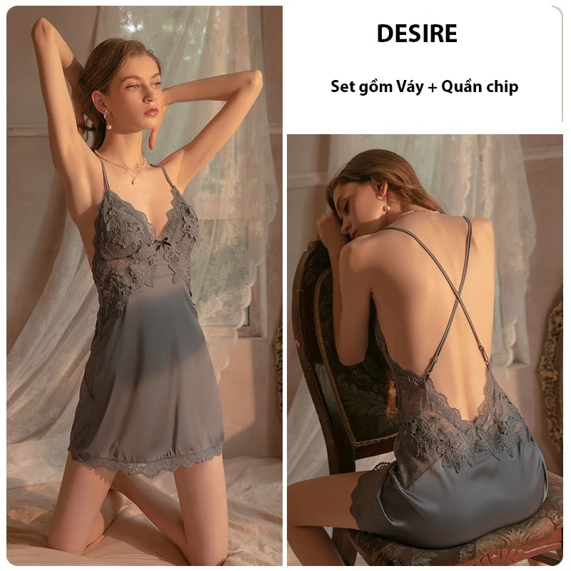 Desire Store, Set Váy ngủ lụa hai dây áo choàng phối ren gợi cảm sexy chính hãng Guiruo QC cao cấp DESIRE VN-1170 - Váy Xanh ghi + Chip, XL 54-63kg image 15 of 20