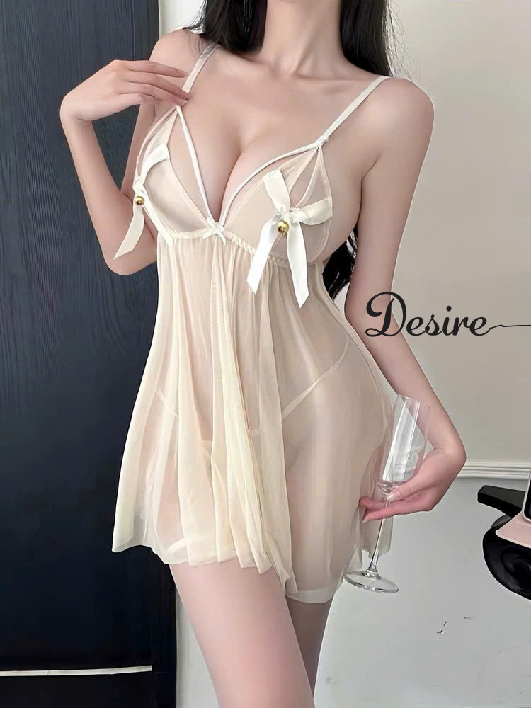 Desire Store, Váy ngủ voan lưới hở lưng thắt nơ phối chuông vàng DESIRE VN-9468 - Váy + Chip image 10 of 10