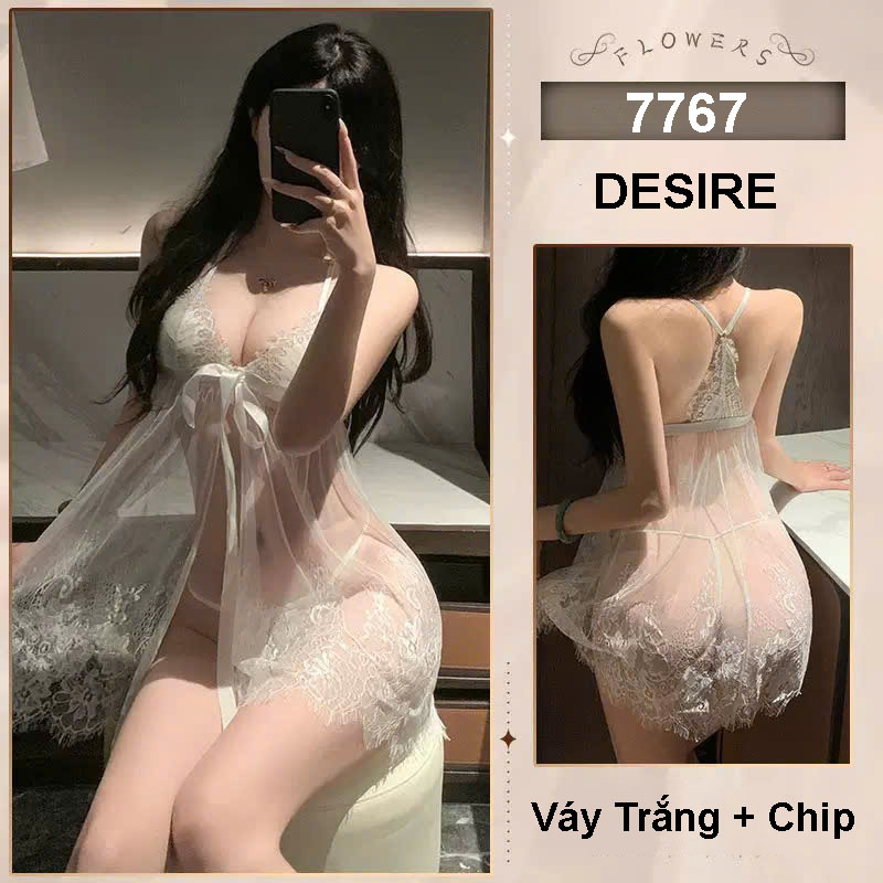 Desire Store, 7767 Váy ngủ ren xẻ tà quyến rũ - Đầm ngủ gợi cảm xuyên thấu thắt nơ ngực kèm quần chip DESIRE - Váy Trắng + Chip, Freesize 40-63kg image 11 of 12