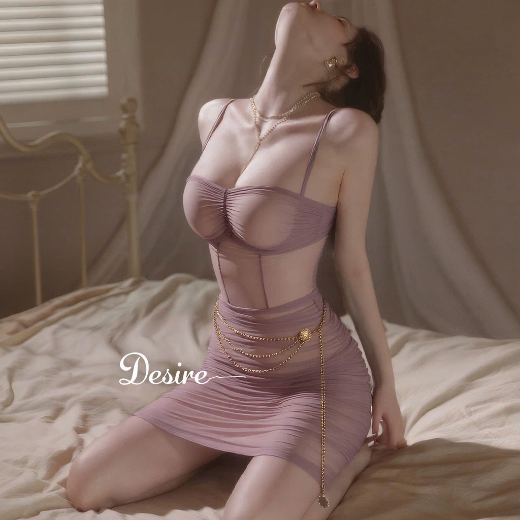 Desire Store, Váy Ngủ Sexy Quyến Rũ Ôm Body Xuyên Thấu Voan Mỏng Hai Dây Cao Cấp DESIRE 376 - Hồng đỗ +Chip +Đai image 13 of 13