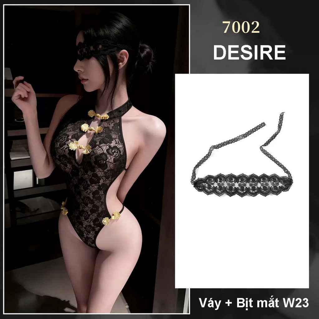 Desire Store, 7002 Bộ Bodysuit liền thân sườn xám phong cách trung hoa sexy gợi cảm DESIRE - Bộ đen+Bịt mắt W23 image 11 of 13