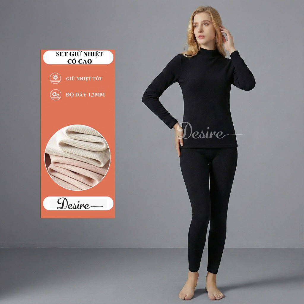 Desire Store, Đồ bộ giữ nhiệt nữ giới mùa đông siêu nhẹ ấm áp vải Nhung lót Len Cashmere không đường viền AGN-002 - Màu đen dày cổ cao, M (35-48 KG) image 18 of 23