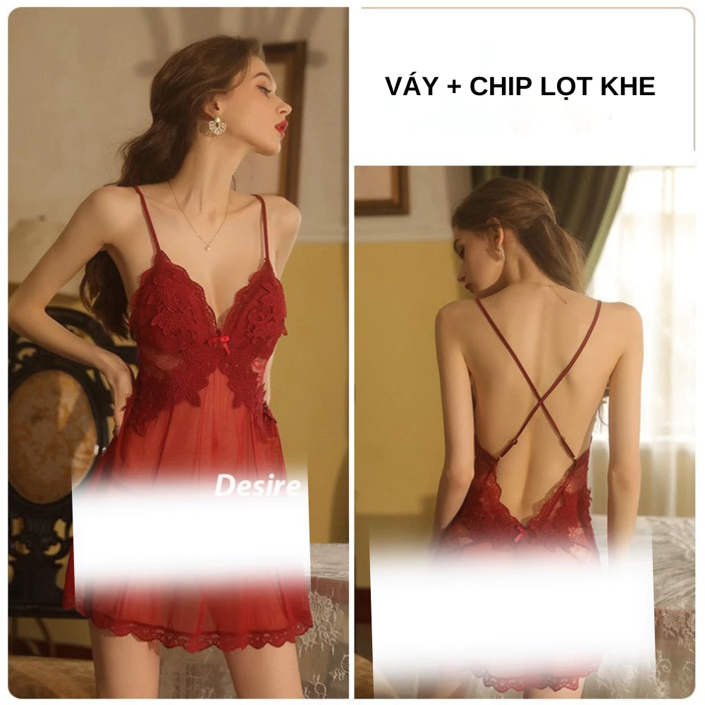 Desire Store, Váy ngủ ren phối hoa xuyên thấu sexy cao cấp kèm quần chip VN-1899 - Đỏ, L image 17 of 18