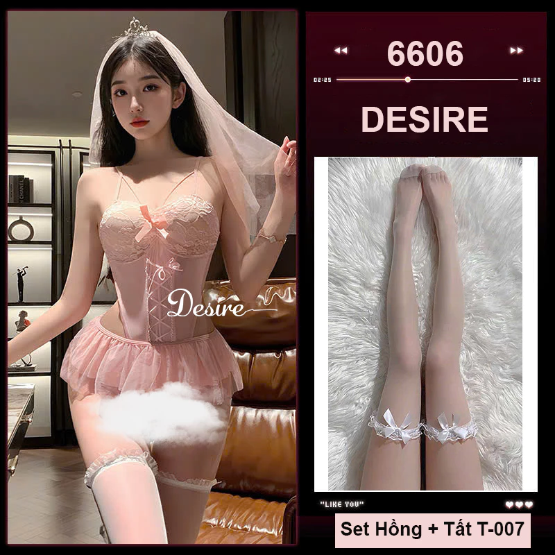Desire Store, Váy Ngủ Cosplay Cô Dâu Sexy - Bodysuit Ren Khoét Eo Kèm Khăn Voan Vương Miện Cao Cấp DESIRE VN-6606-1 - Set hồng có tất image 10 of 11