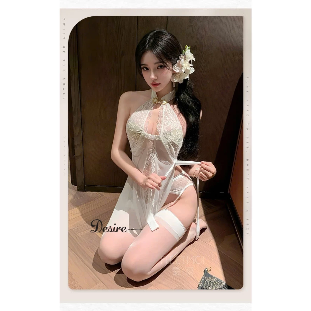 Desire Store, Váy ngủ Ren xuyên thấu phong cách Trung Hoa gợi cảm sexy DESIRE VN-6723 - Váy trắng, Freesize (45-60kg) image 12 of 16