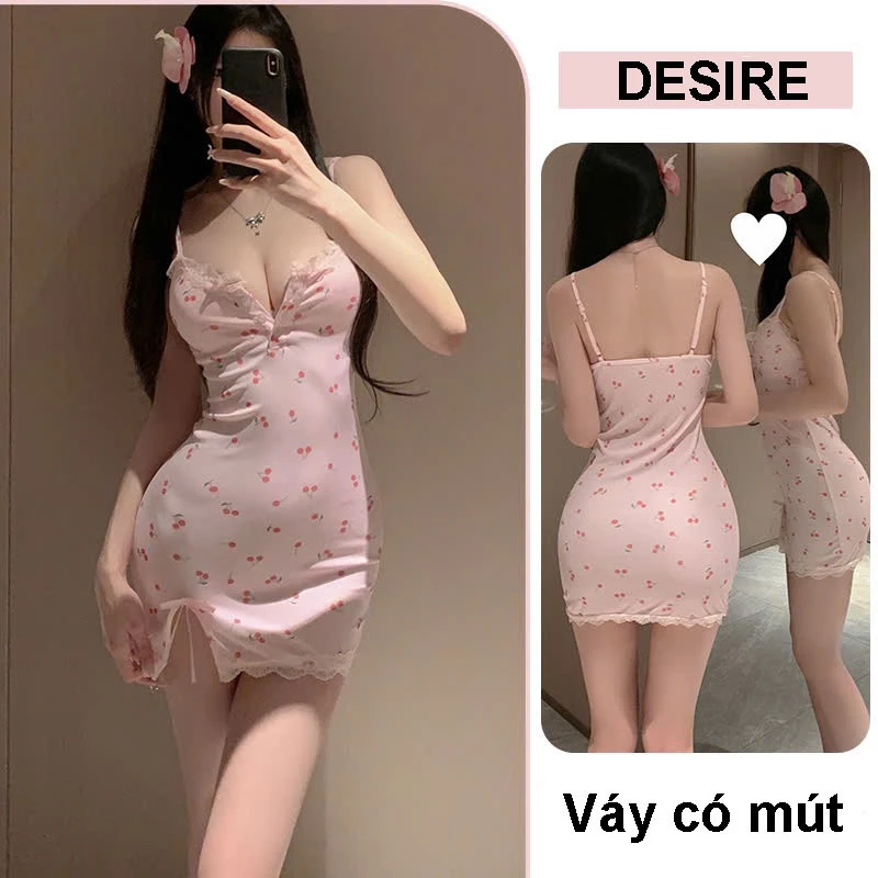 Desire Store, Váy ngủ hai dây ôm body họa tiết cherry - Đầm ngủ nữ viền ren xẻ tà thắt nơ quyến rũ DESIRE C123 - Váy hồng, XL image 10 of 10