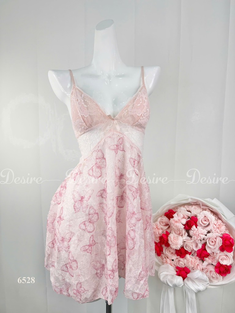 Desire Store, Váy Ngủ Hai Dây Phối Ren Cúp Ngực Họa Tiết Bươm Bướm Hồng Ngọt Ngào DESIRE-6528 (Pink Butterfly Print Lace Trim Babydoll Nightgown - Desire 6528) image 1 of 7