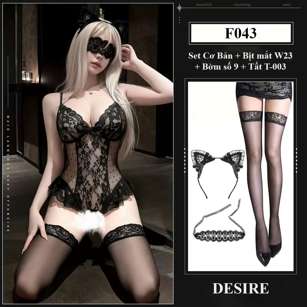 Desire Store, F043 Bodysuit ren đen cúp ngực phối lưới hoa sexy DESIRE - Set Cơ Bản + T-003 Đen + Bờm số 9 +W23 Đen image 14 of 15