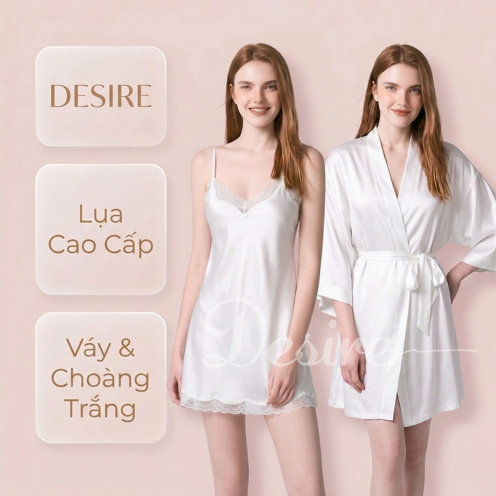 Desire Store, Váy ngủ lụa Đầm ngủ hai dây lụa kèm chip phối ren gợi cảm sexy VN-169-1 - Váy + choàng trắng, M image 29 of 32