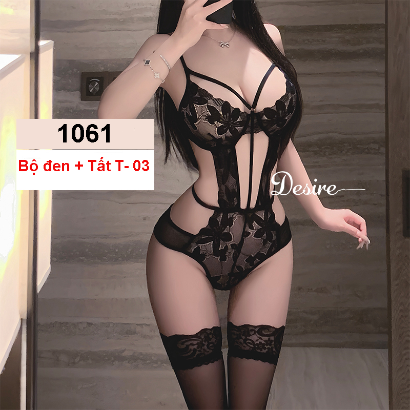 Desire Store, 1061 Bodysuit ren liền thân hoa xuyên thấu ôm dáng cut eo sexy quyến rũ DESIRE - Đen có tất T-03 image 17 of 20