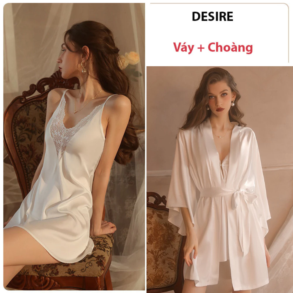 Desire Store, Váy ngủ lụa cổ V mềm mịn hàng chính hãng GUIRUO form chuẩn sexy Desire VN-1906 - Váy + choàng trắng, L image 12 of 16