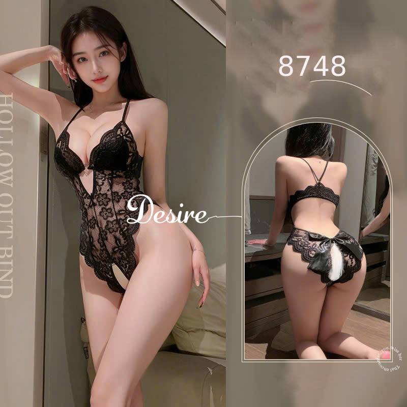 Desire Store, Váy ngủ ren liền thân xẻ đáy cài ngực trước xẻ mông nơ lụa sau gợi cảm sexy DESIRE VN-8748-1 - Đen, XL image 11 of 13