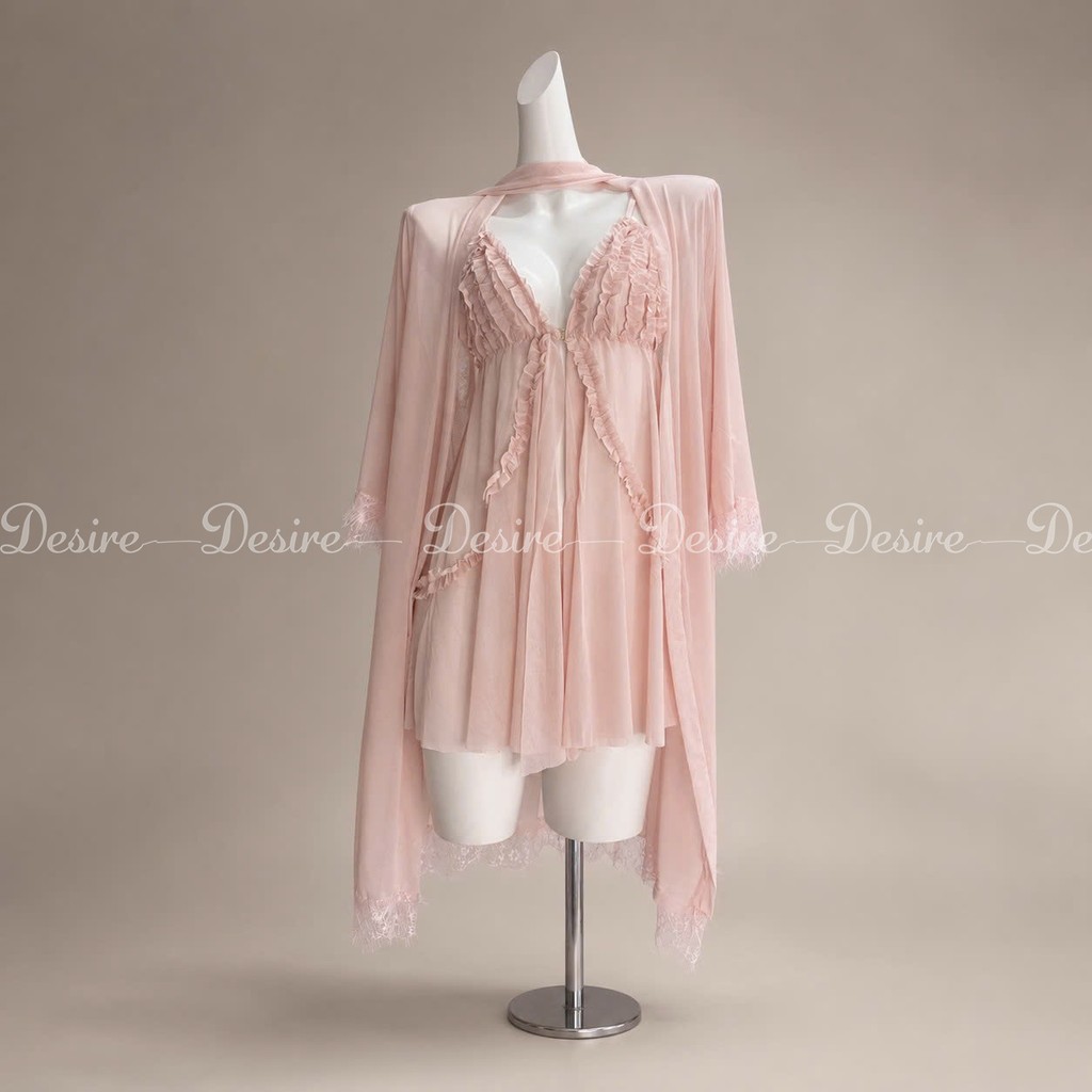 Desire Store, [60-80kg] Bigsize Set Váy Ngủ Voan Mỏng Phối Ren Nhún Bèo Sang Chảnh - Váy Ngủ Gợi Cảm Cao Cấp DESIRE B185 - Set Hồng Nhạt, L (60-80Kg) image 15 of 18