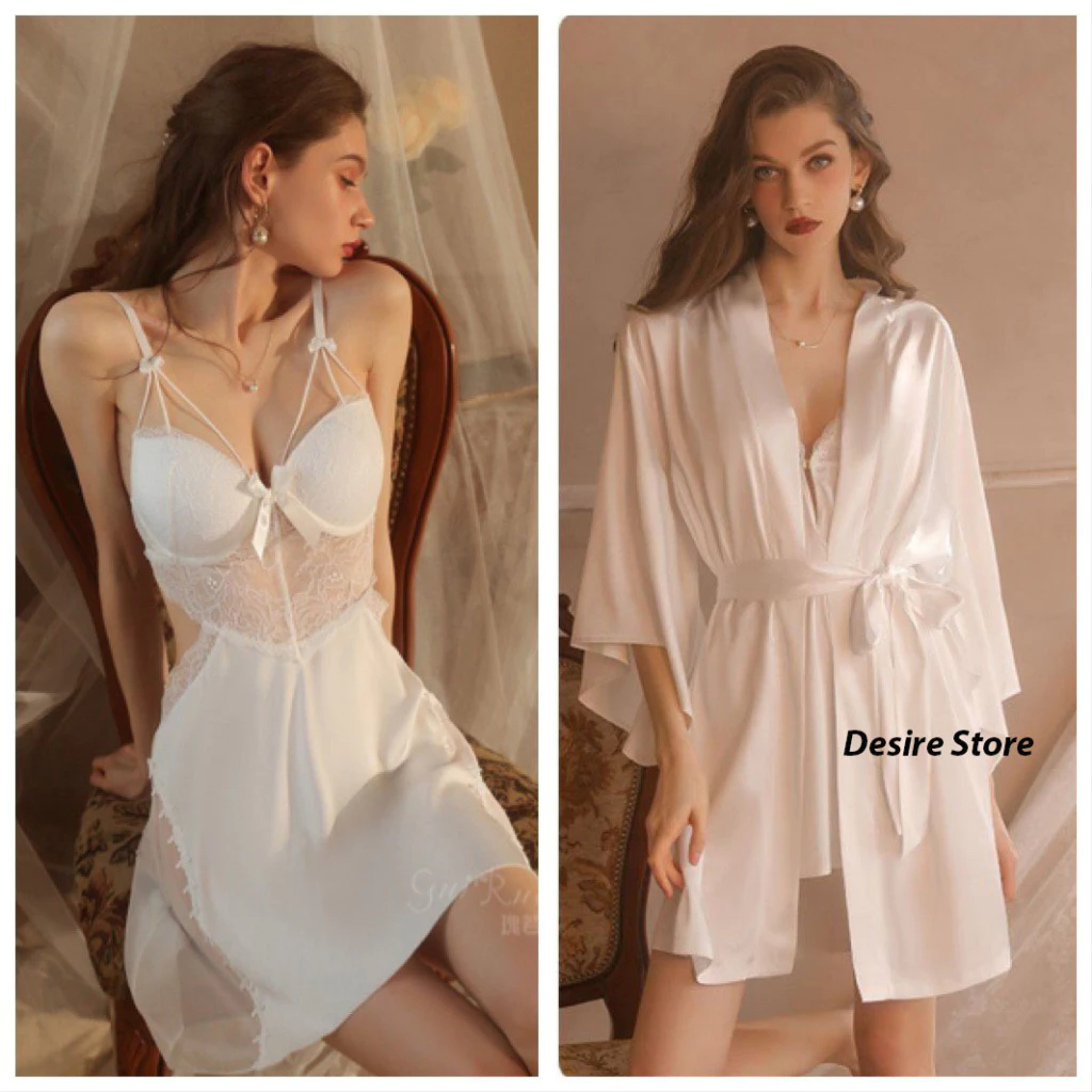 Desire Store, Set váy ngủ lụa và áo choàng có mút ngực cut out lưng gợi cảm DESIRE VN-2044 - Set Váy+Choàng trắng, L image 15 of 17