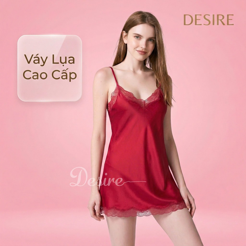 Desire Store, Váy ngủ lụa Đầm ngủ hai dây lụa kèm chip phối ren gợi cảm sexy VN-169-1 image 3 of 23