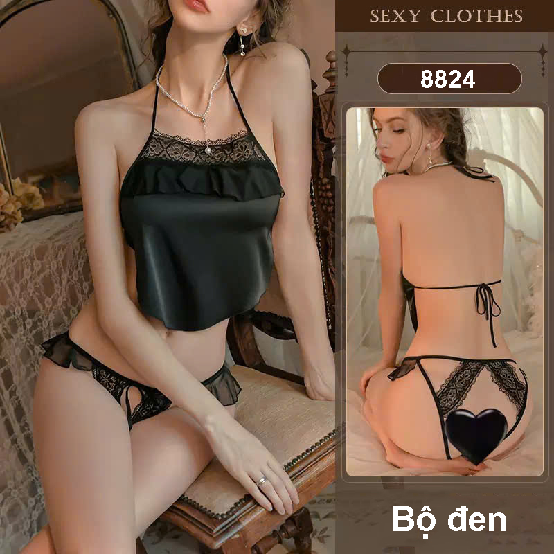 Desire Store, Bồ đồ ngủ yếm lụa phối ren cột dây sexy gợi cảm Hàng loại 1 DESIRE VN-8824 - Bộ Đen, M image 11 of 16