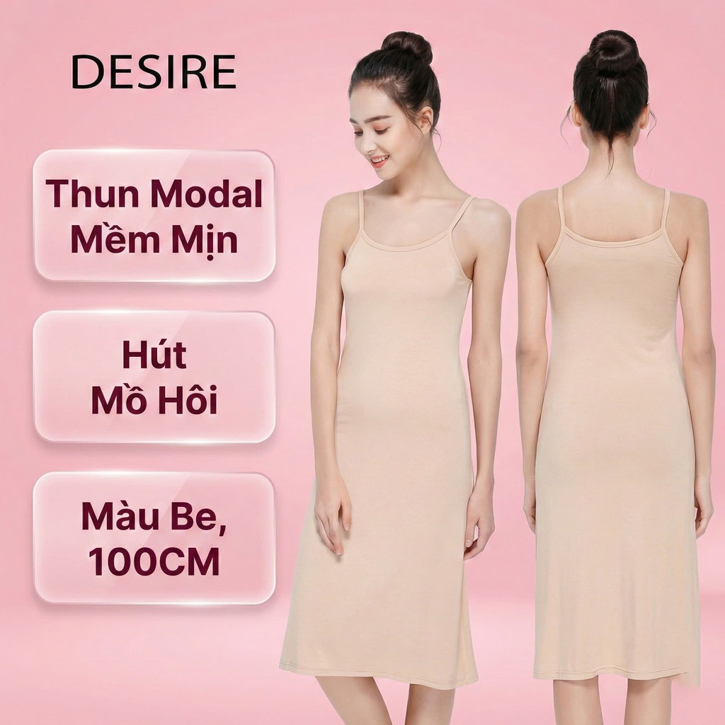 Desire Store, Đầm hai dây - Váy hai dây mặc lót thun modal (Gỗ sồi) dáng suông cổ thuyền Desire VNN-0044N - Be trung 100cm, M image 21 of 22