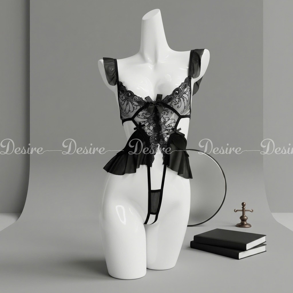 Desire Store, Bộ váy ngủ liền thân Bodysuit chất ren tay áo cánh tiên quần hở đáy sexy gợi cảm VN-8640 - Đen image 11 of 13