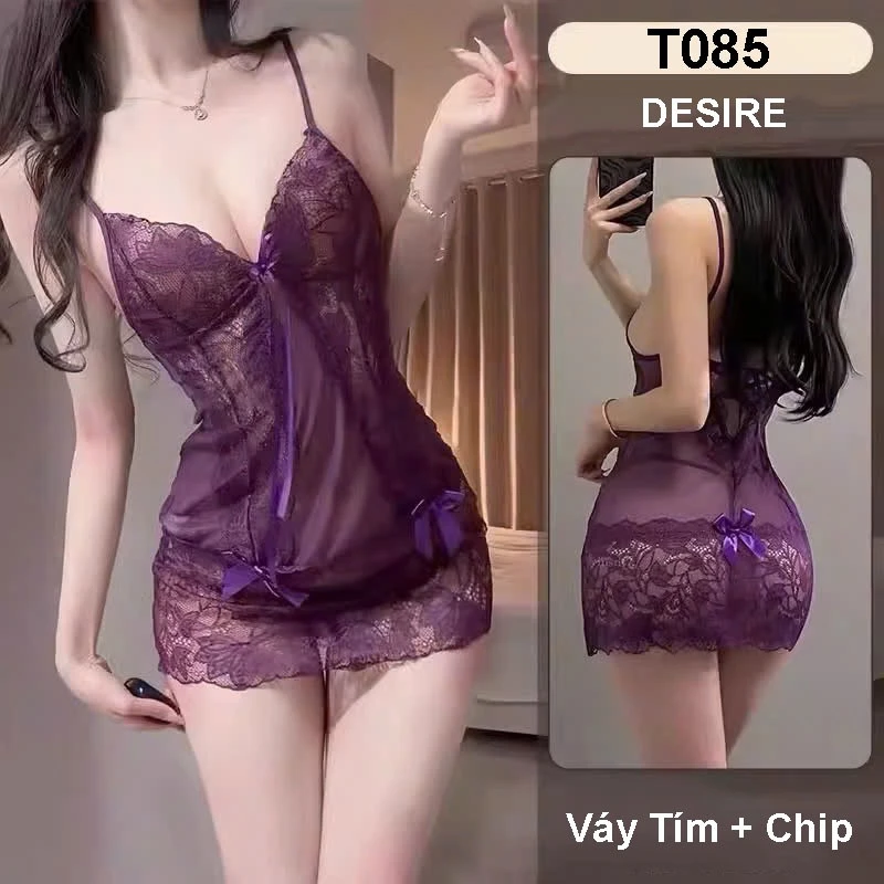 Desire Store, T085 Váy ngủ hai dây ren xuyên thấu xẻ ngực gợi cảm kèm quần chip DESIRE - Váy tím + Chip, Freesize (40-63kg) image 10 of 11