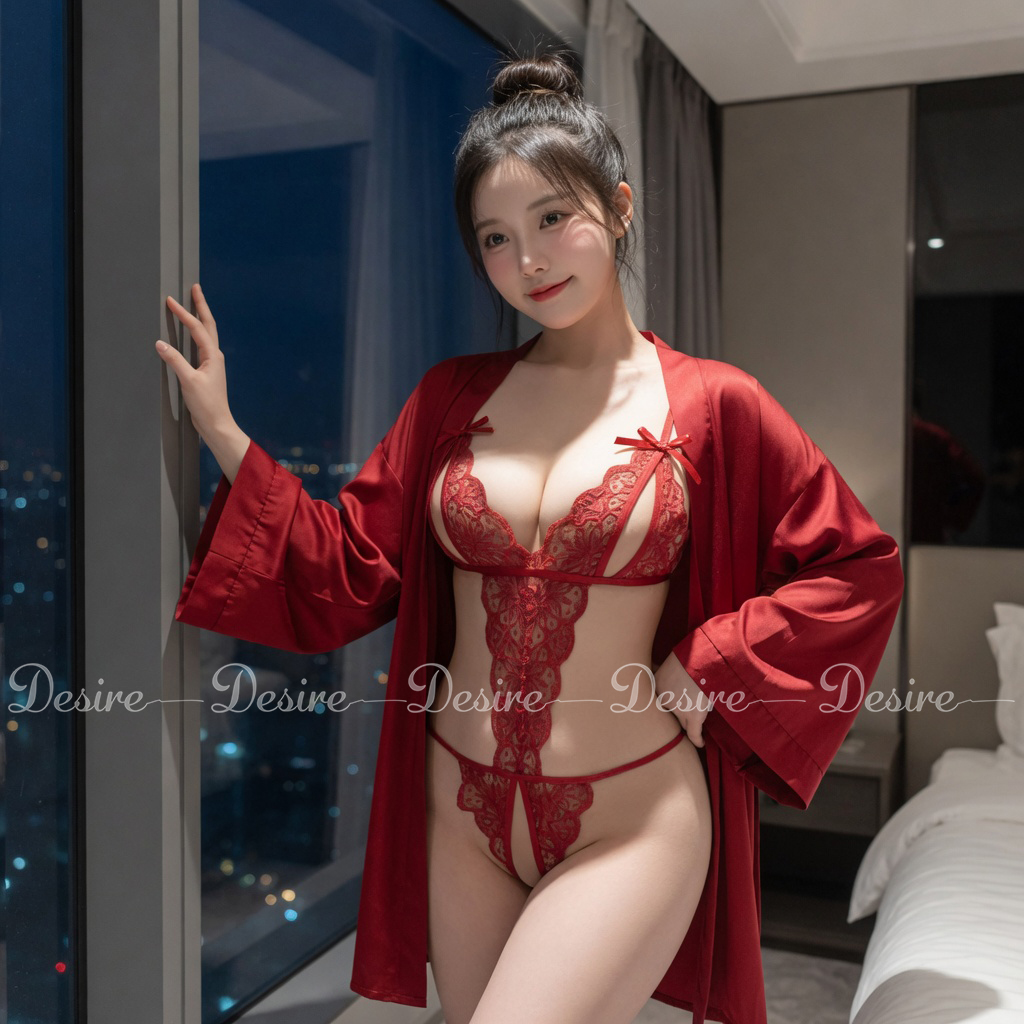 Desire Store, Set đồ lót liền thân ren xẻ đáy và Áo choàng lụa set lót ren gợi cảm sexy VN-8458 (Sexy open-crotch lace bodysuit and silk robe set 8458) - Nguyên set đỏ, XL image 42 of 44