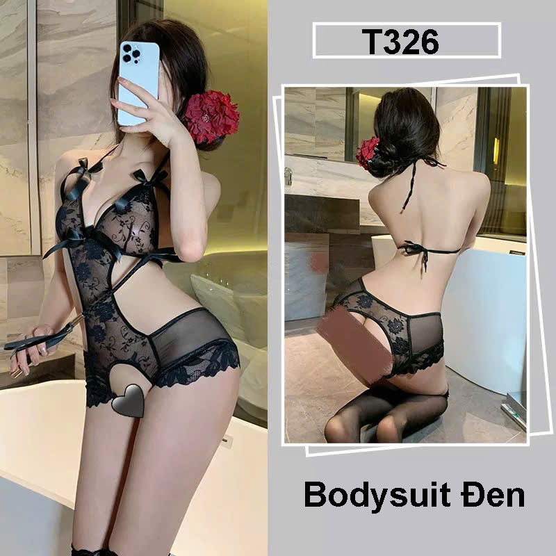 Desire Store, Bodysuit ren - Váy Ngủ liền thân Hoa Xuyên Thấu Hở Sườn Thắt Nơ Sexy T326 - Bộ đen image 13 of 16