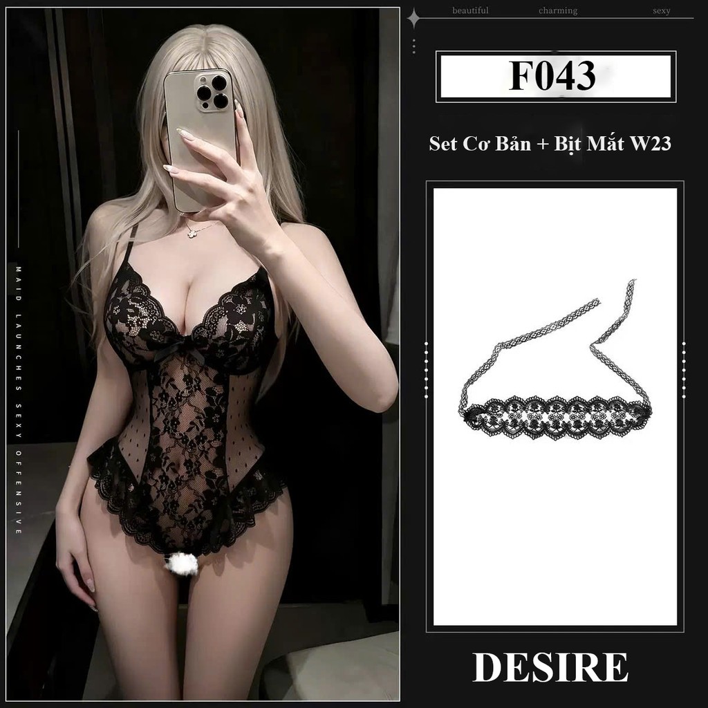 Desire Store, F043 Bodysuit ren đen cúp ngực phối lưới hoa sexy DESIRE - Set Cơ Bản + W23 Đen image 11 of 15