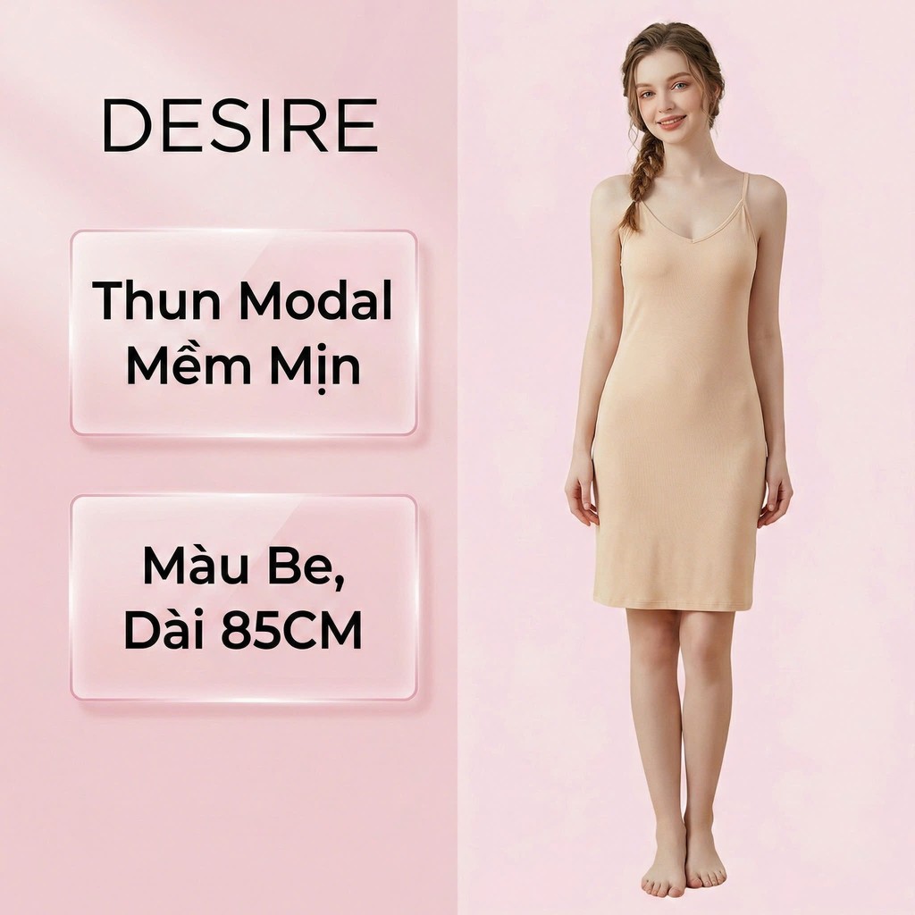 Desire Store, Váy hai dây mặc lót cổ V thun Modal (gỗ sồi) mềm mịn  đầm hai dây mặc lót dáng ôm BTM-1009 - Be ngắn 80cm, M (40~49kg) image 13 of 34