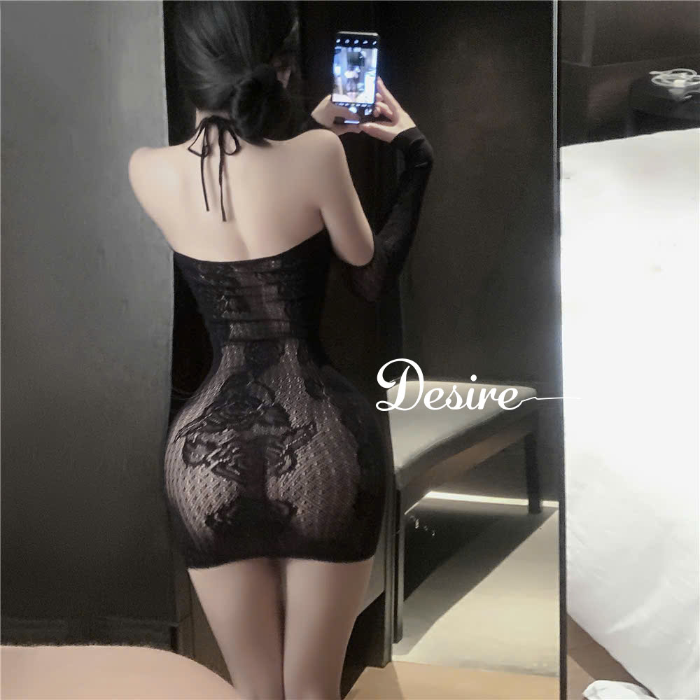 Desire Store, W62 Váy ngủ ren lưới ôm body sexy - Đầm ngủ ôm body dài tay xẻ ngực gợi cảm DESIRE image 5 of 12