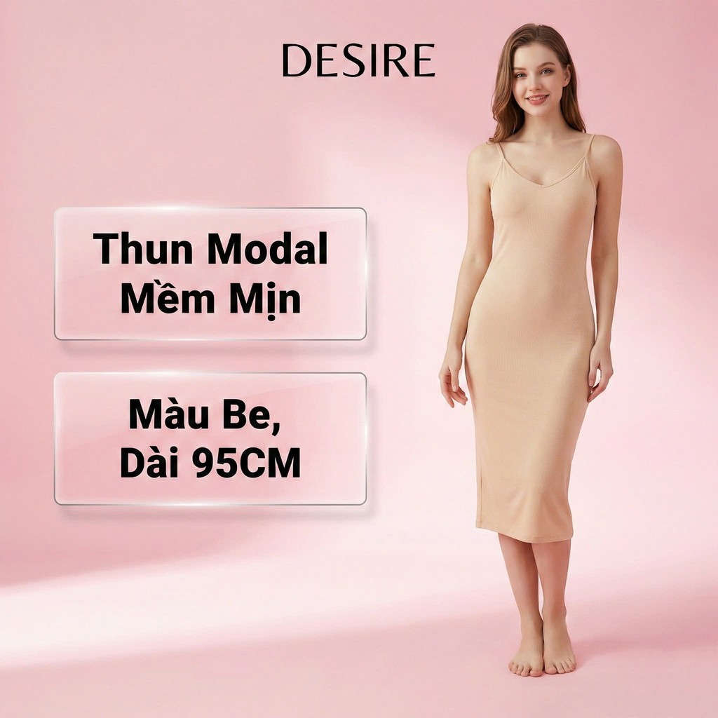 Desire Store, Váy hai dây mặc lót cổ V thun Modal (gỗ sồi) mềm mịn  đầm hai dây mặc lót dáng ôm BTM-1009 - Be trung 95cm, M (40~49kg) image 24 of 34