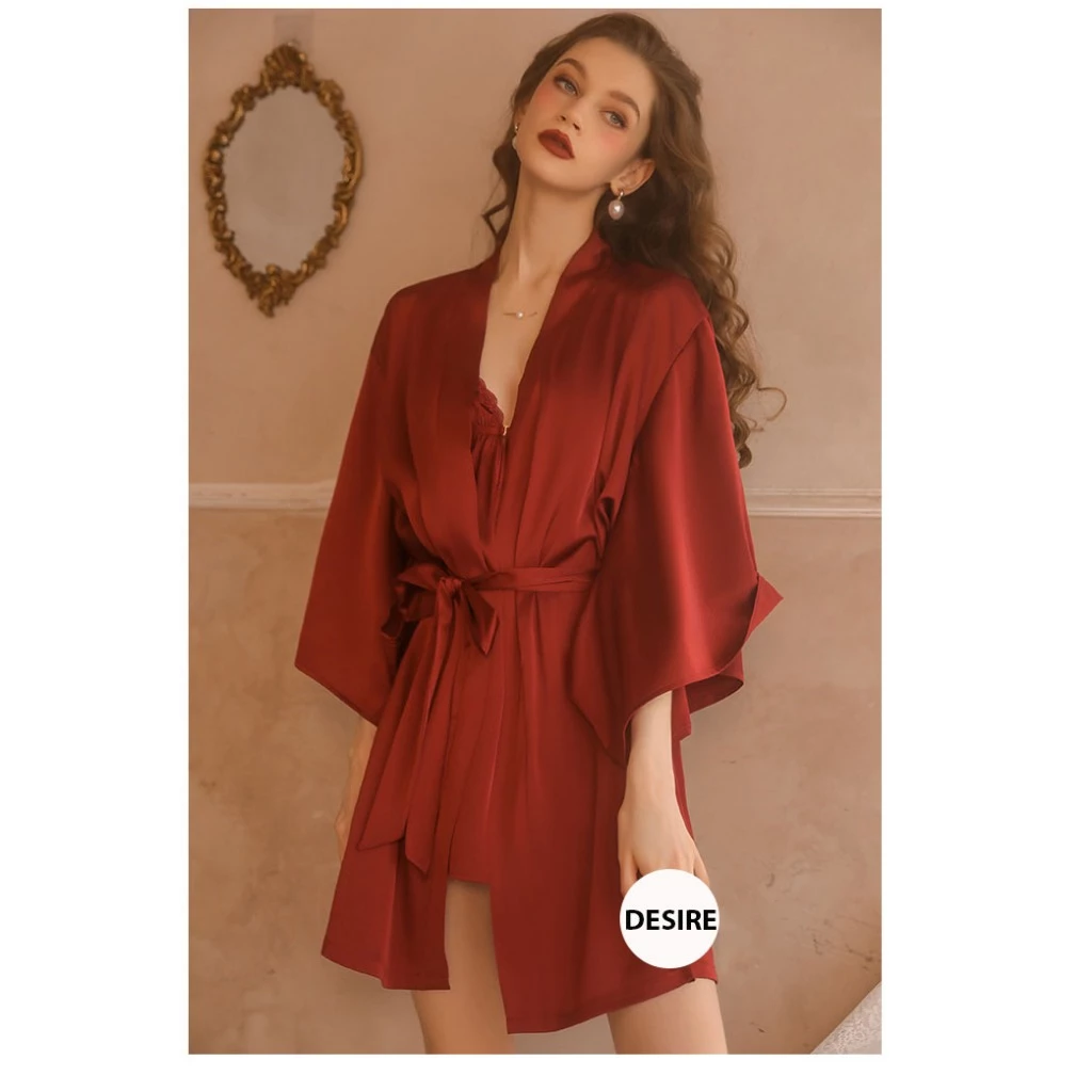 Desire Store, Áo choàng ngủ lụa cao cấp Áo choàng cô dâu gợi cảm Bride hàng loại 1 chính hãng Guiruo VN-1690 - Áo choàng Đỏ image 13 of 15