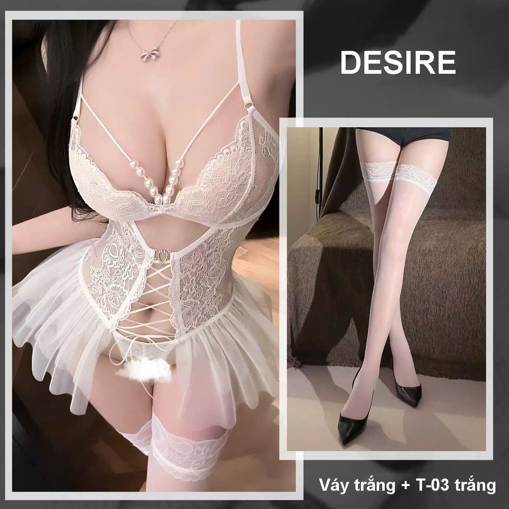 Desire Store, Bodysuit Ren - Váy Ngủ Sexy Xuyên Thấu Đính Ngọc Cao Cấp, Thiết Kế Đan Dây DESIRE 1420 - Váy trắng + TấtT-003 image 16 of 19