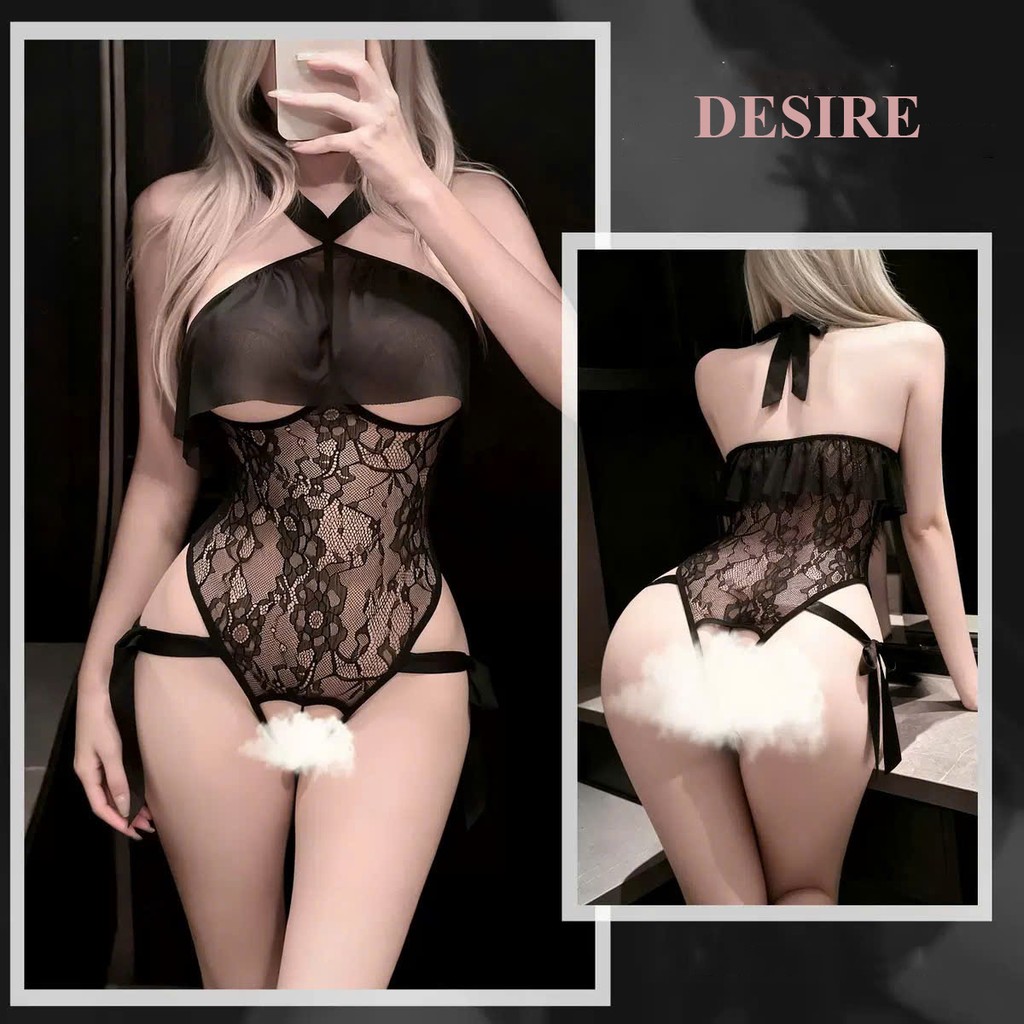 Desire Store, F040 Váy Ngủ Bodysuit Ren Voan Phối Nơ Cột Cổ Xuyên Thấu Cao Cấp DESIRE - Set Cơ Bản image 9 of 12